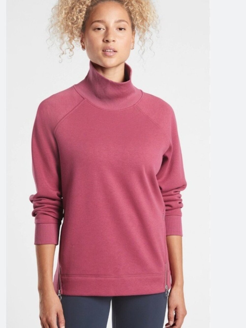 Athleta Mock Neck Side Zip Sweater Cozy Fleece Athleisure Cold Weather Run